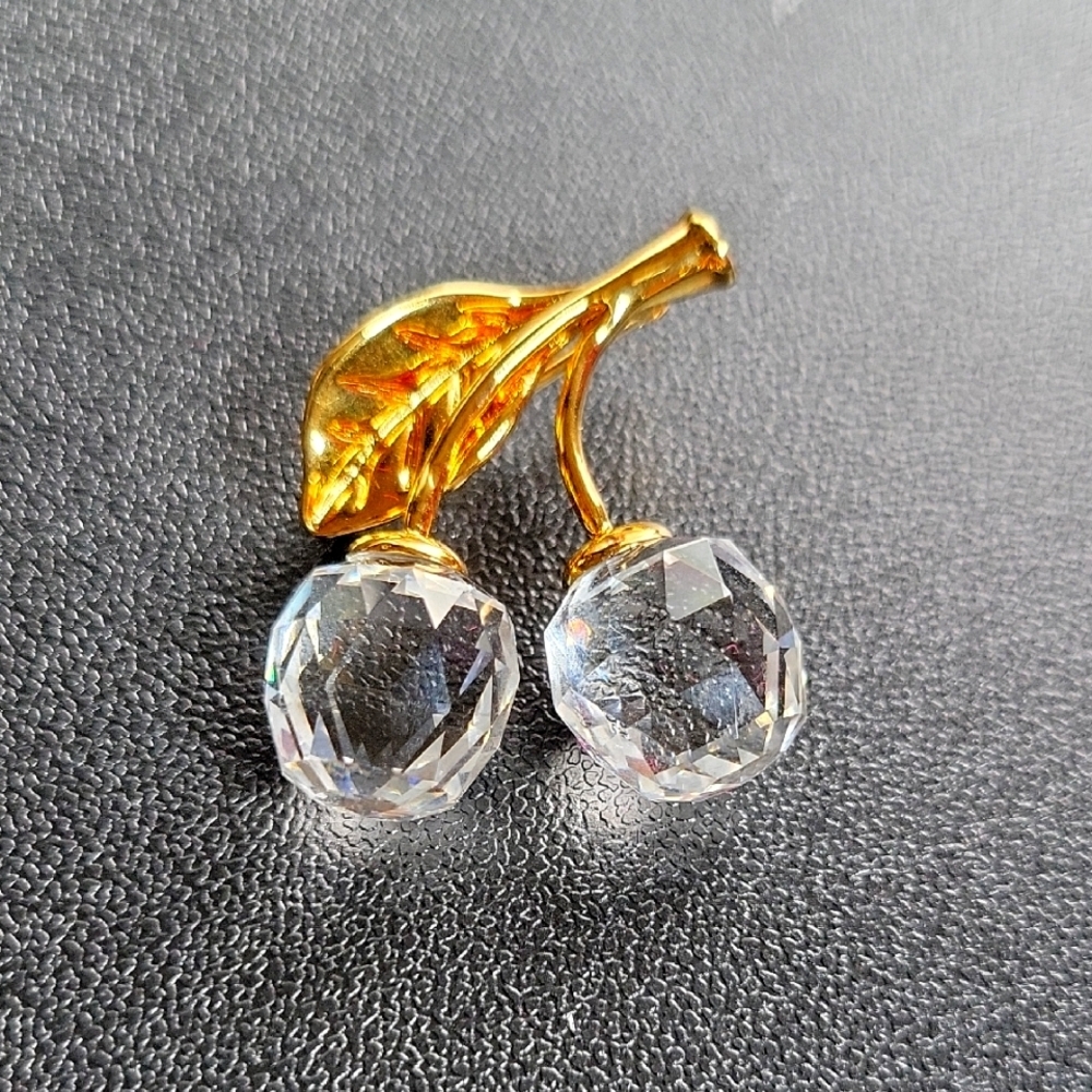 Swarovski Signed Vintage Crystal Double Cherry Brooch Pin Gold Plated